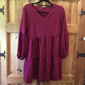 Girls' Burgundy Tiered V-Neck Long-Sleeve Dress